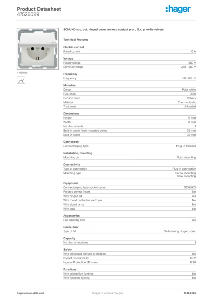 Image Hager Product data sheet 47526089  | Hager