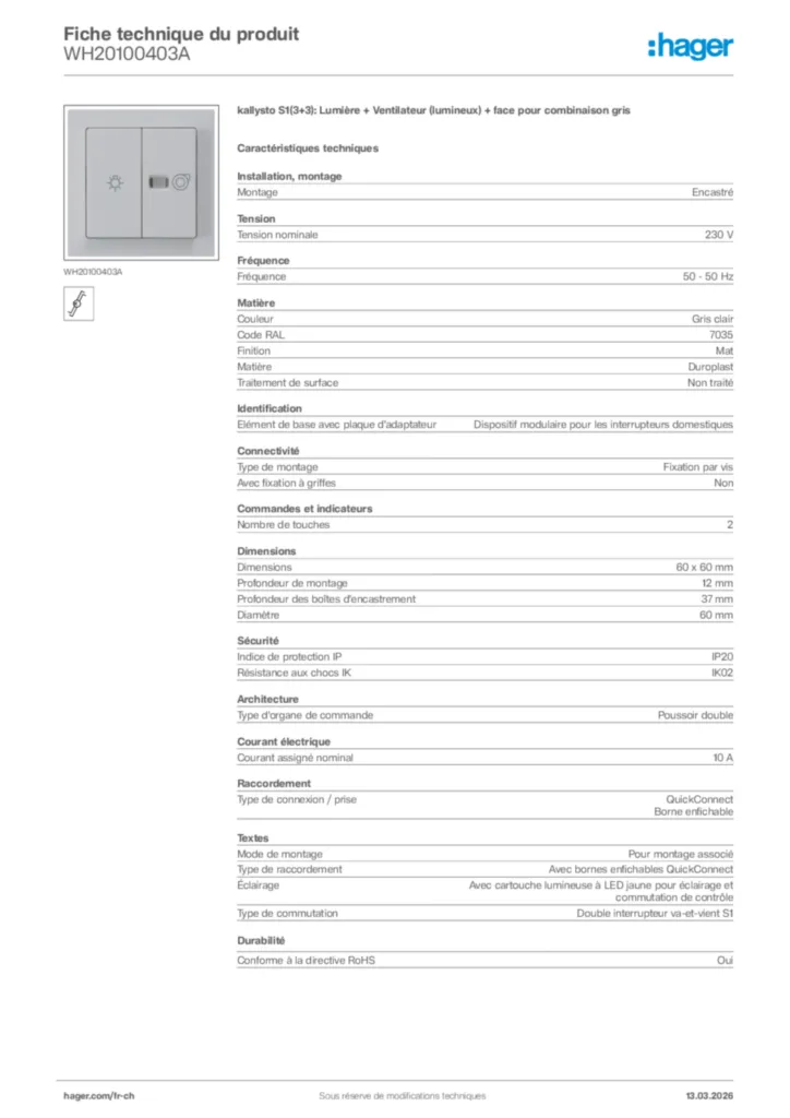Image Hager Fiche technique du produit WH20100403A | Hager Suisse