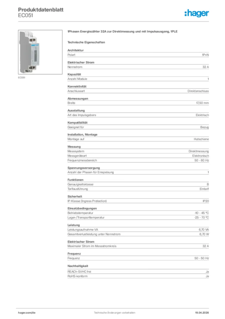 Bild Hager Produktdatenblatt EC051 | Hager Deutschland