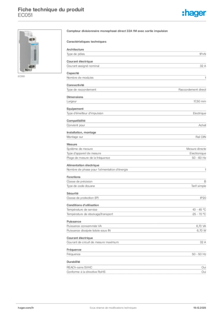 Image Hager Fiche technique du produit EC051 | Hager France