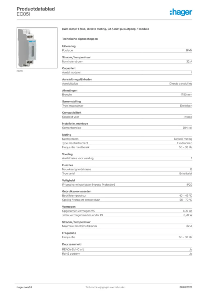 Afbeelding Hager Productdatablad EC051 | Hager Nederland