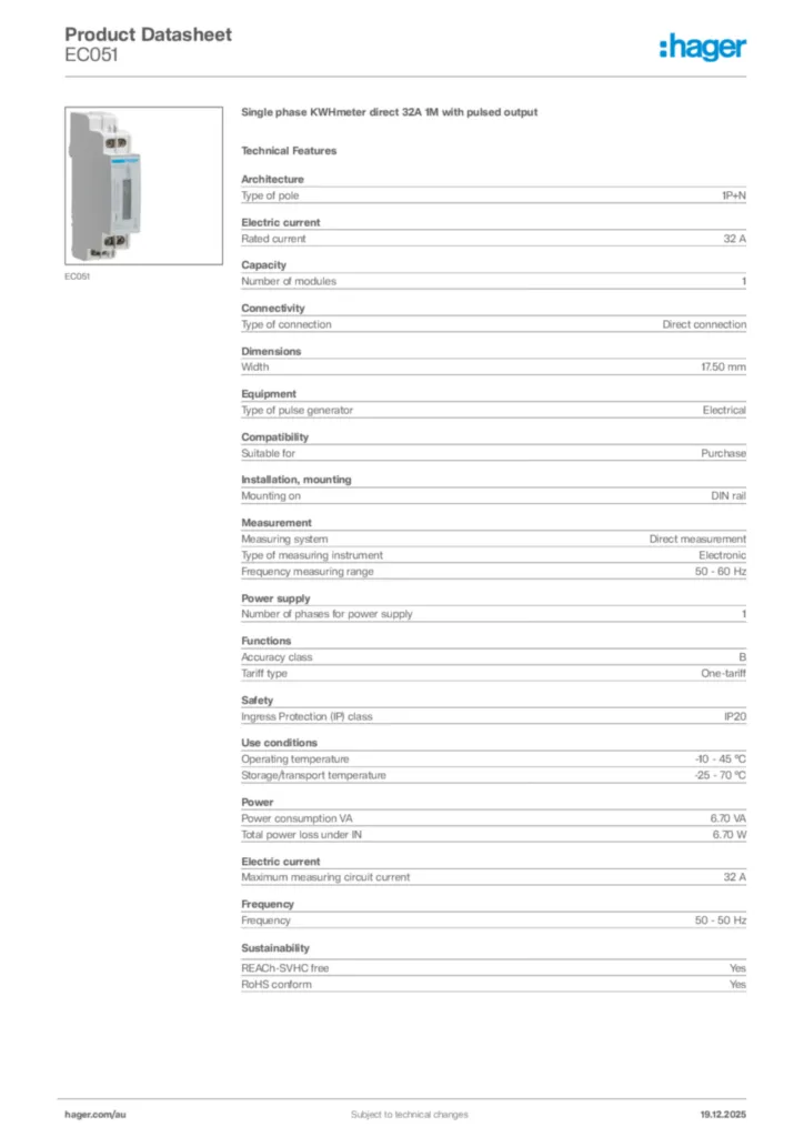 Image Hager Product data sheet EC051  | Hager Australia