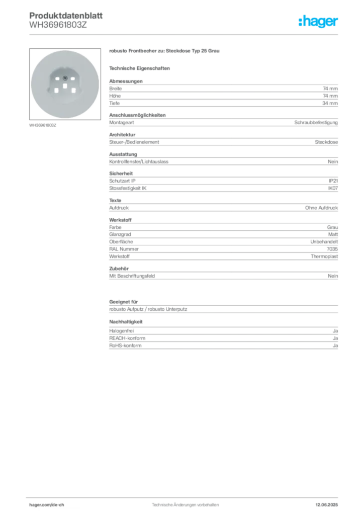 Bild Hager Produktdatenblatt WH36961803Z | Hager Schweiz
