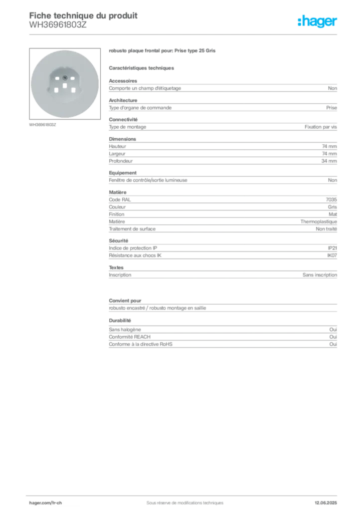 Image Hager Fiche technique du produit WH36961803Z | Hager Suisse