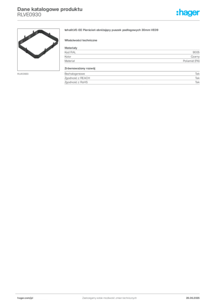 Zdjęcie Hager Karta katalogowa RLVE0930 | Hager Polska