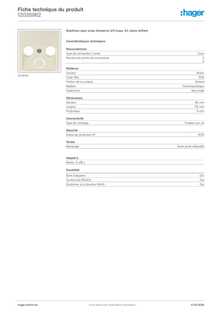 Image Hager Fiche technique du produit 12038982 | Hager Belgique