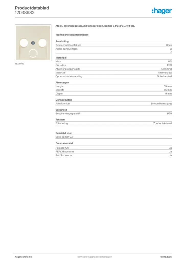 Afbeelding Hager Productdatablad 12038982 | Hager Belgium