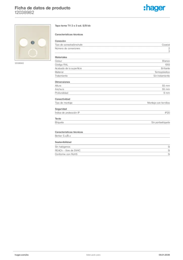 Imagen Hager Ficha de datos de producto 12038982 | Hager España