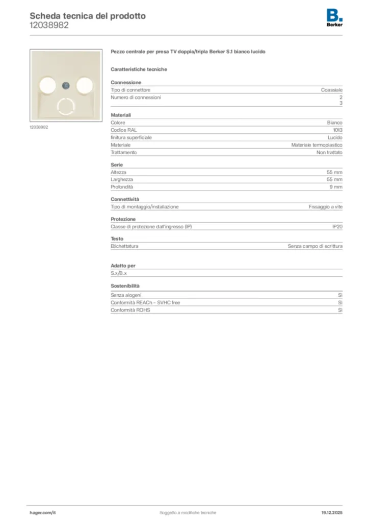 Immagine Berker Scheda tecnica del prodotto 12038982 | Hager Italia