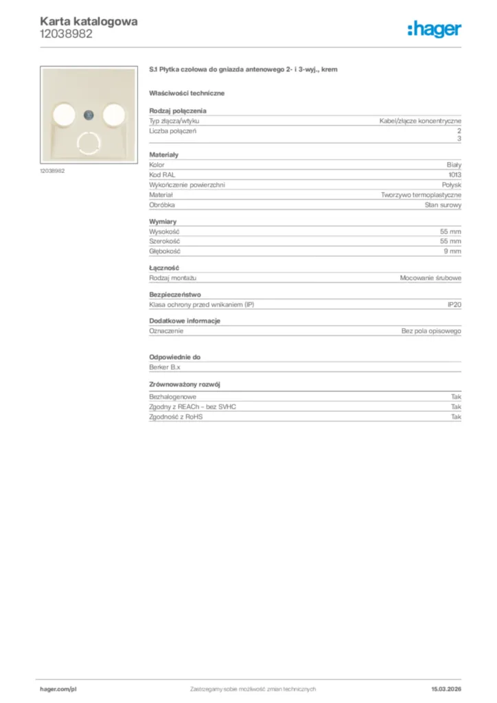 Zdjęcie Hager Karta katalogowa 12038982 | Hager Polska