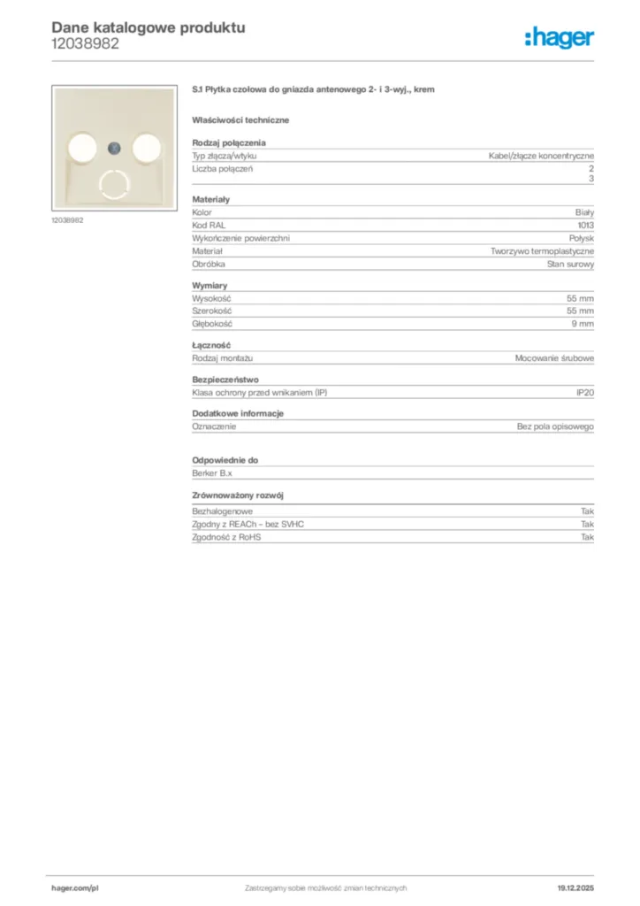 Zdjęcie Hager Karta katalogowa 12038982 | Hager Polska