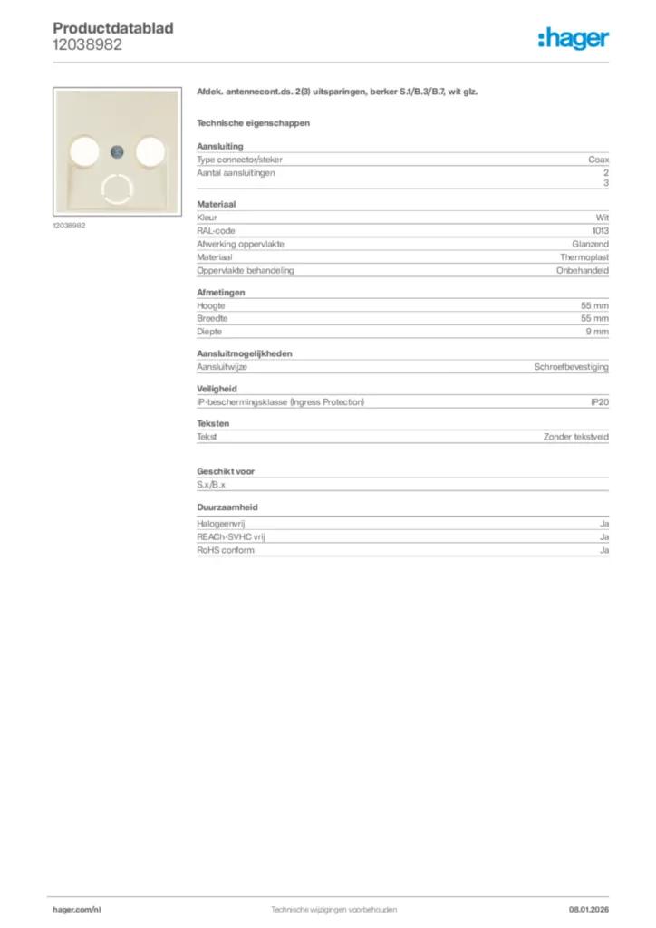 Afbeelding Hager Productdatablad 12038982 | Hager Nederland