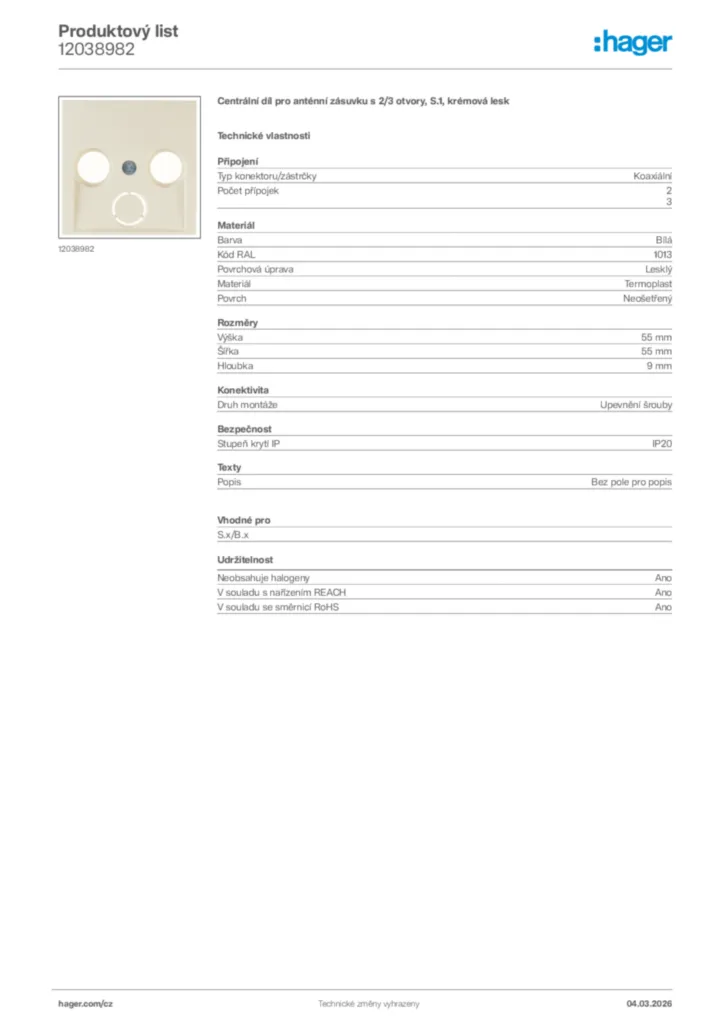 Obrázek Hager Product data sheet 12038982 | Hager