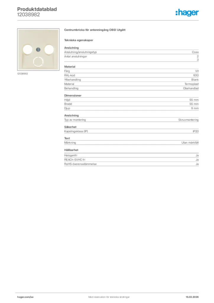 Bild Hager Produktdatablad 12038982 | Hager Sverige