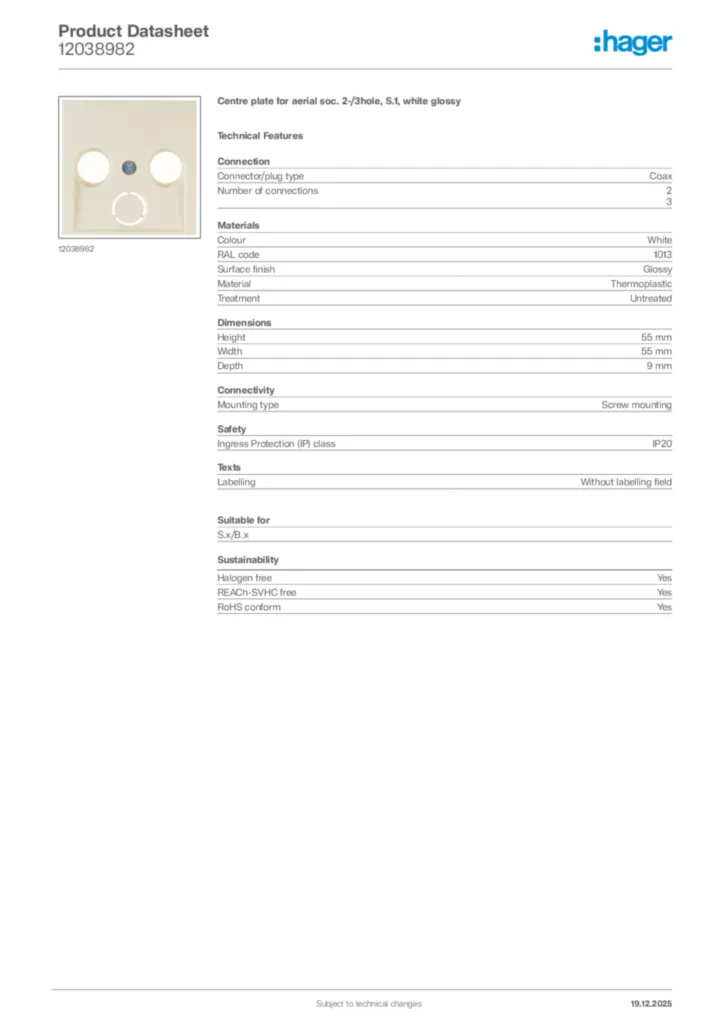 Image Hager Product data sheet 12038982  | Hager