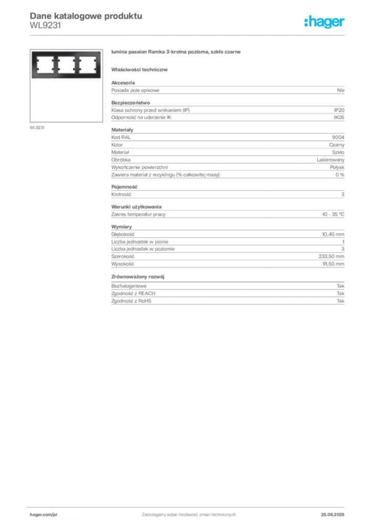 Zdjęcie Hager Karta katalogowa WL9231 | Hager Polska