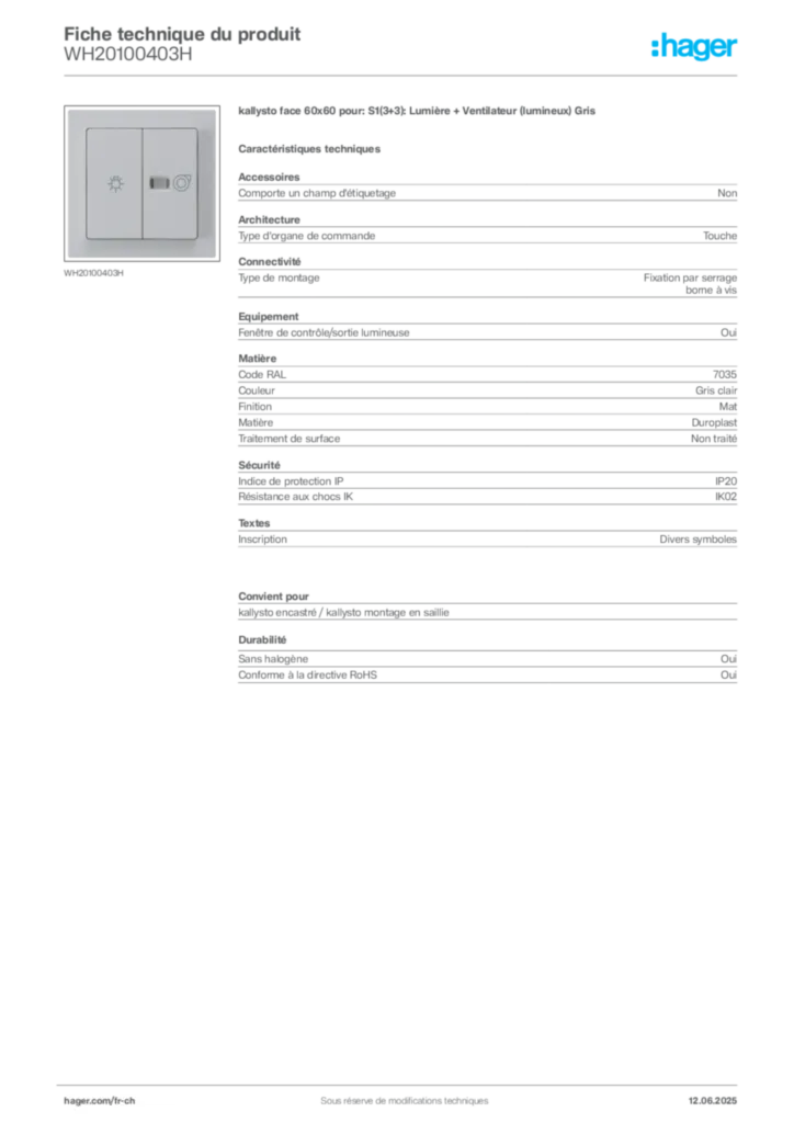 Image Hager Fiche technique du produit WH20100403H | Hager Suisse
