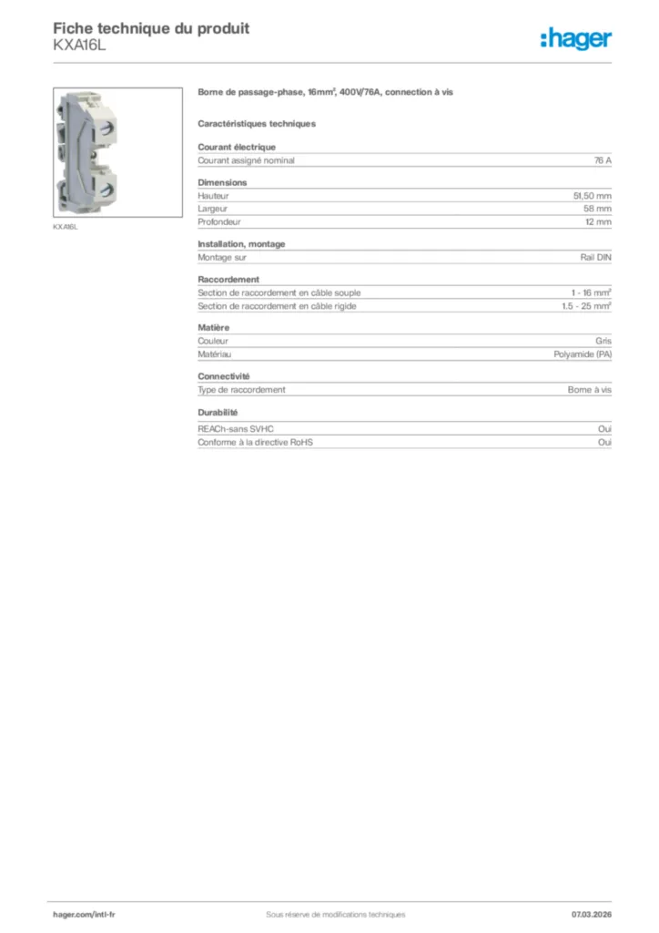 Image Hager Fiche technique du produit KXA16L | Hager Afrique
