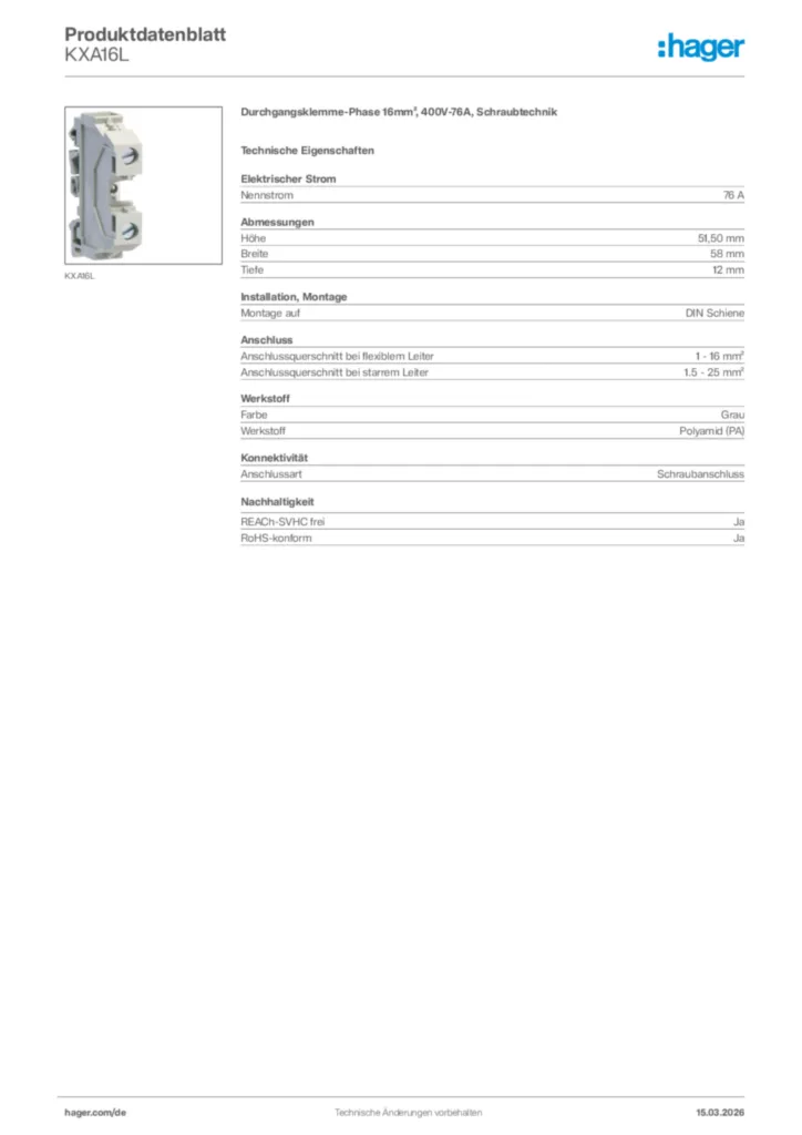 Bild Hager Produktdatenblatt KXA16L | Hager Deutschland