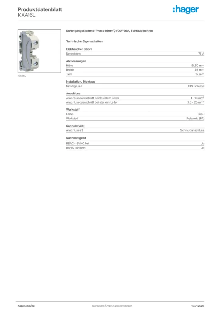 Bild Hager Produktdatenblatt KXA16L | Hager Deutschland