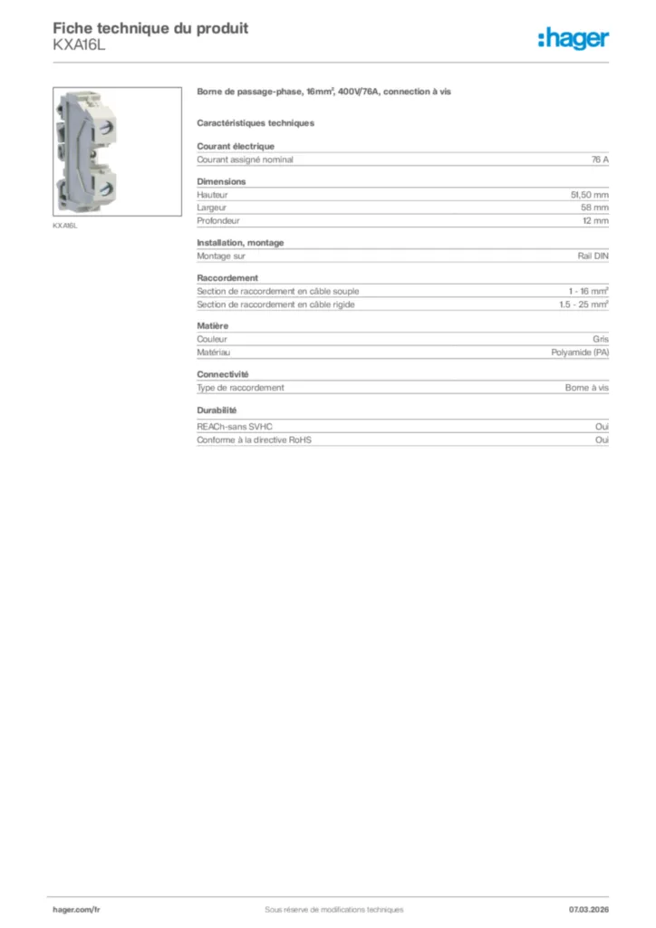 Image Hager Fiche technique du produit KXA16L | Hager France