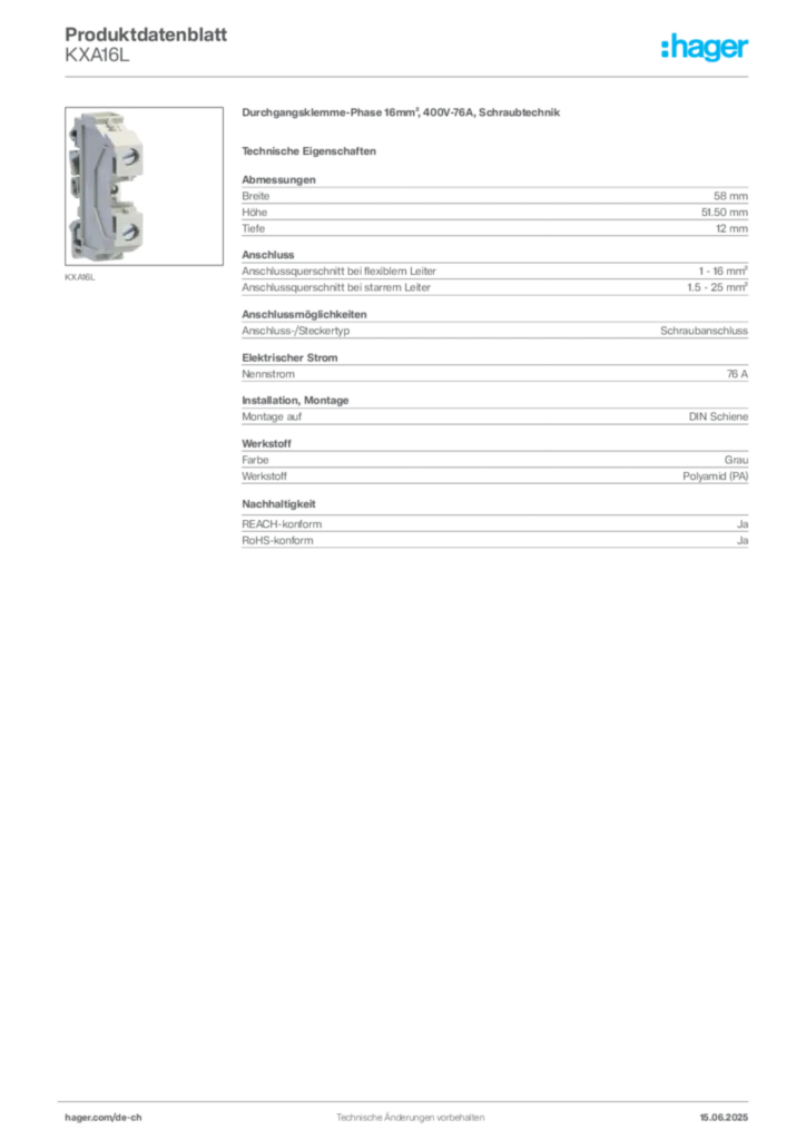 Bild Hager Produktdatenblatt KXA16L | Hager Schweiz