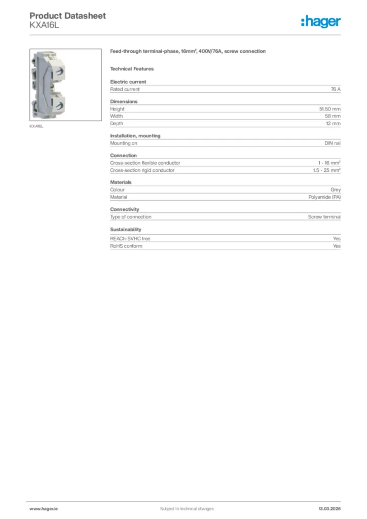 Image Hager Product data sheet KXA16L  | Hager