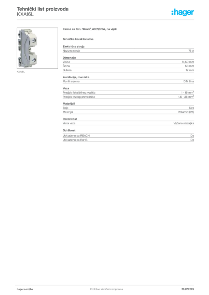 Slika Hager Product data sheet KXA16L  | Hager