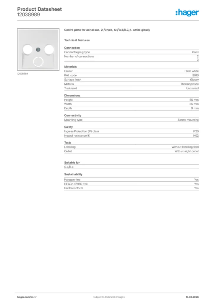 Image Hager Product data sheet 12038989  | Hager