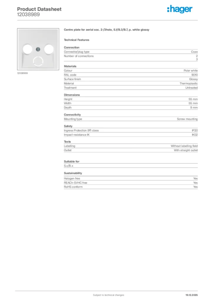Image Hager Product data sheet 12038989  | Hager