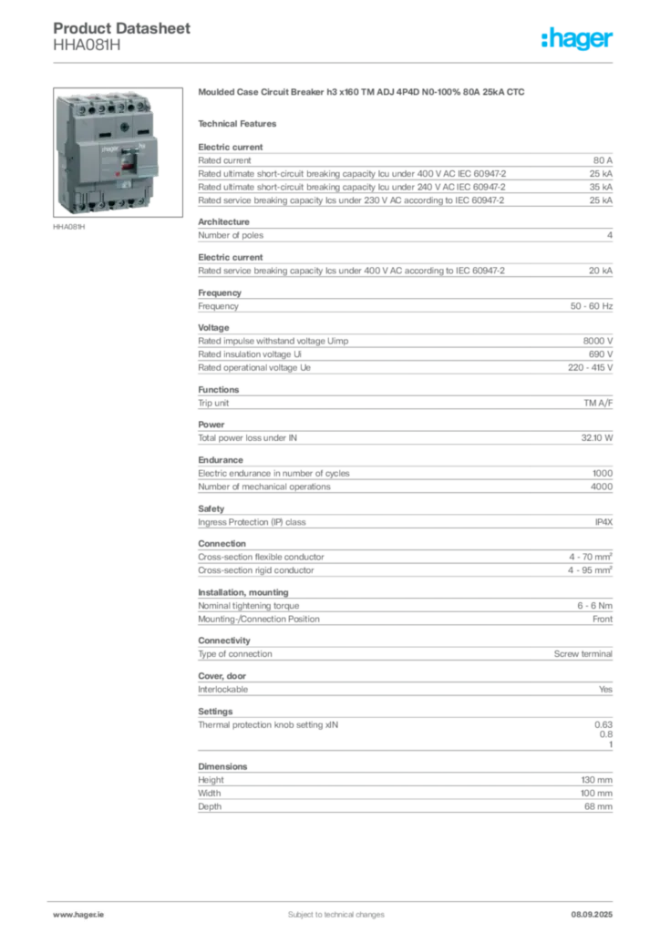 Image Hager Product data sheet HHA081H  | Hager
