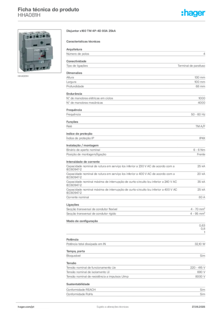 Imagem Hager Ficha técnica do produto HHA081H | Hager Portugal
