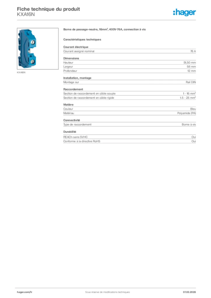 Image Hager Fiche technique du produit KXA16N | Hager France