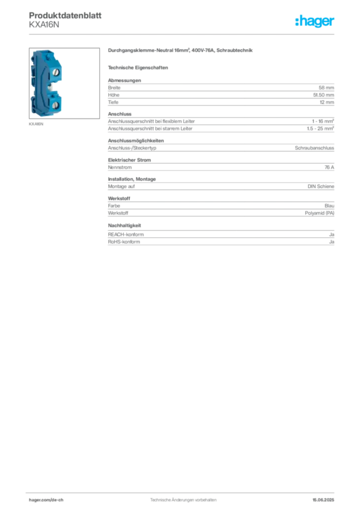 Bild Hager Produktdatenblatt KXA16N | Hager Schweiz