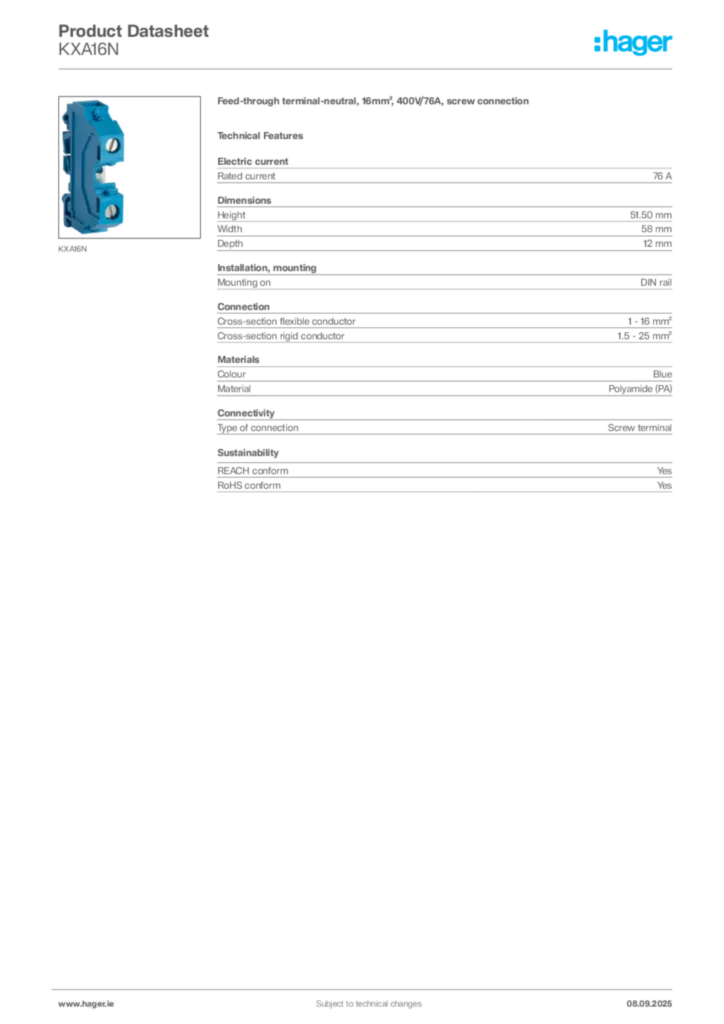 Image Hager Product data sheet KXA16N  | Hager
