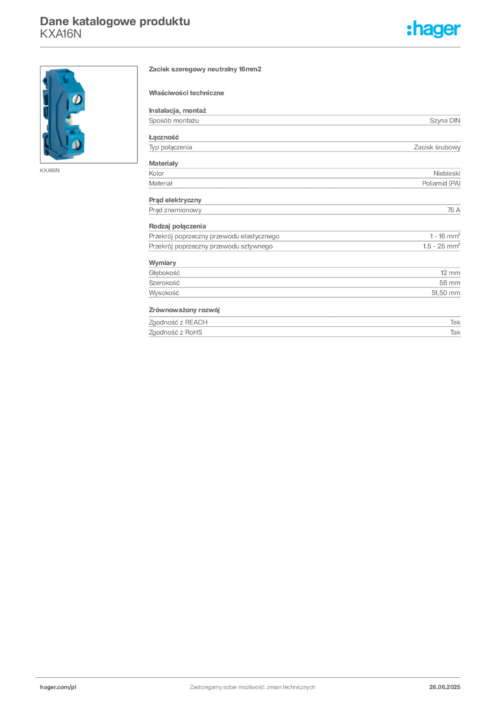Zdjęcie Hager Karta katalogowa KXA16N | Hager Polska