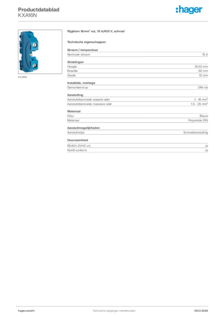 Afbeelding Hager Productdatablad KXA16N | Hager Nederland