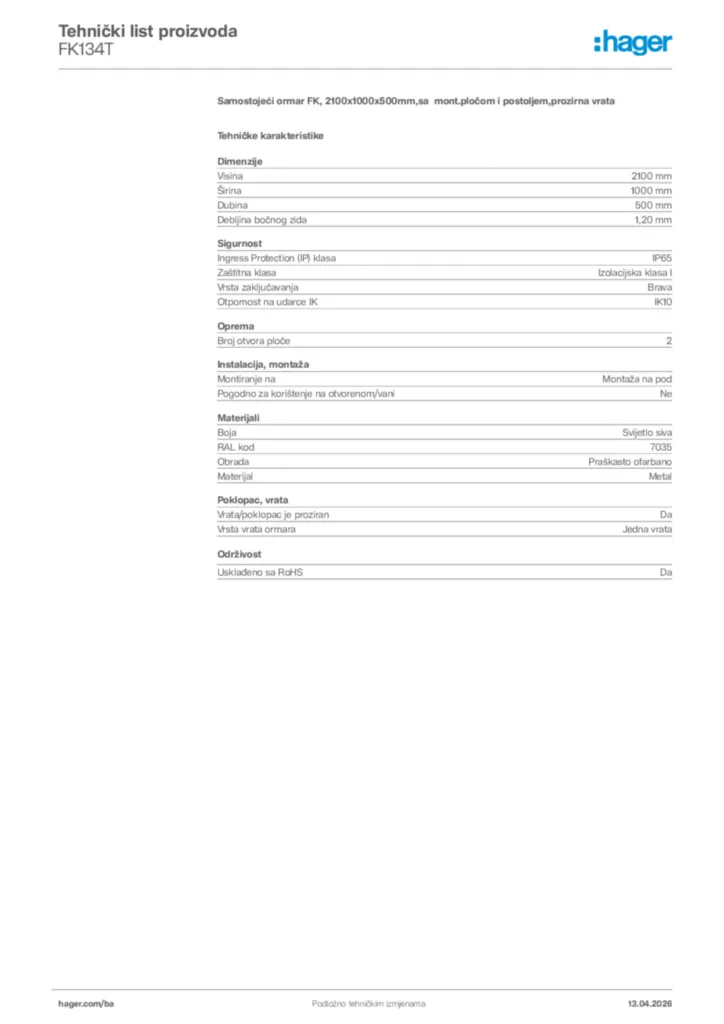 Slika Hager Tehnički list proizvoda FK134T  | Hager