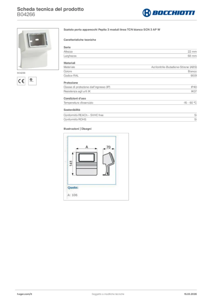 Immagine Bocchiotti Scheda tecnica del prodotto B04266 | Hager Italia