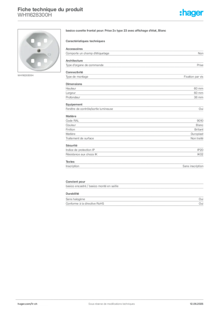 Image Hager Fiche technique du produit WH11628300H | Hager Suisse