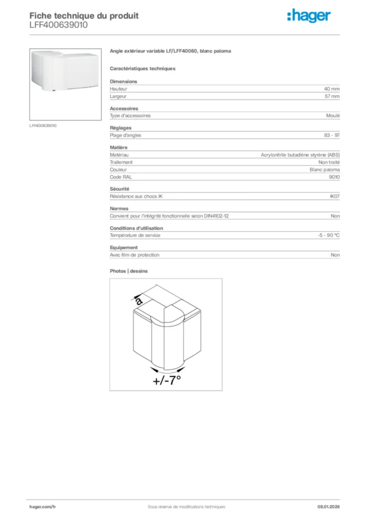 Image Hager Fiche technique du produit LFF400639010 | Hager France