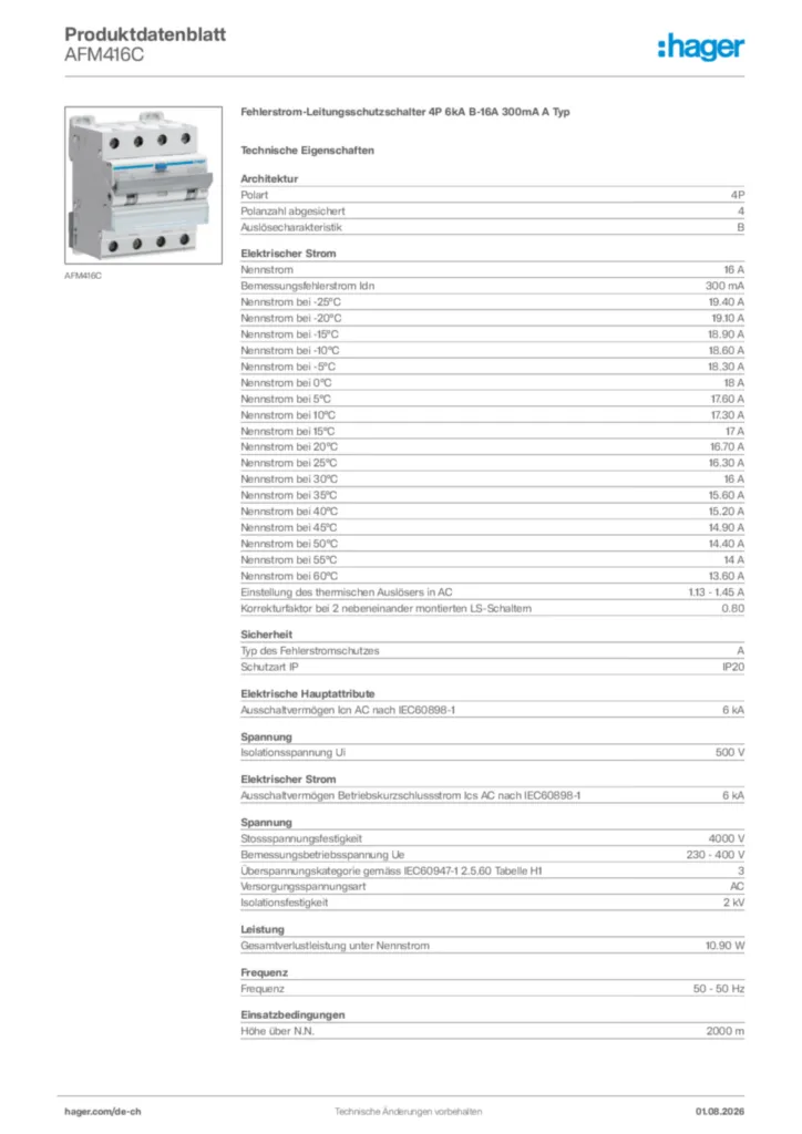 Bild Hager Produktdatenblatt AFM416C | Hager Schweiz