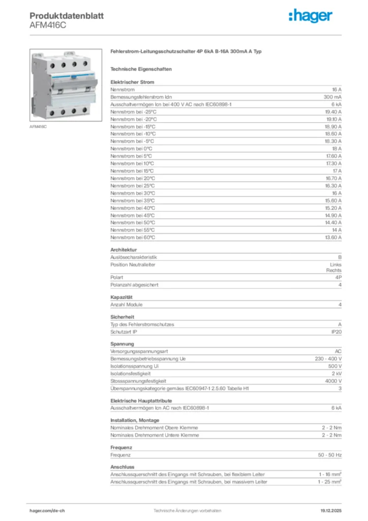Bild Hager Produktdatenblatt AFM416C | Hager Schweiz
