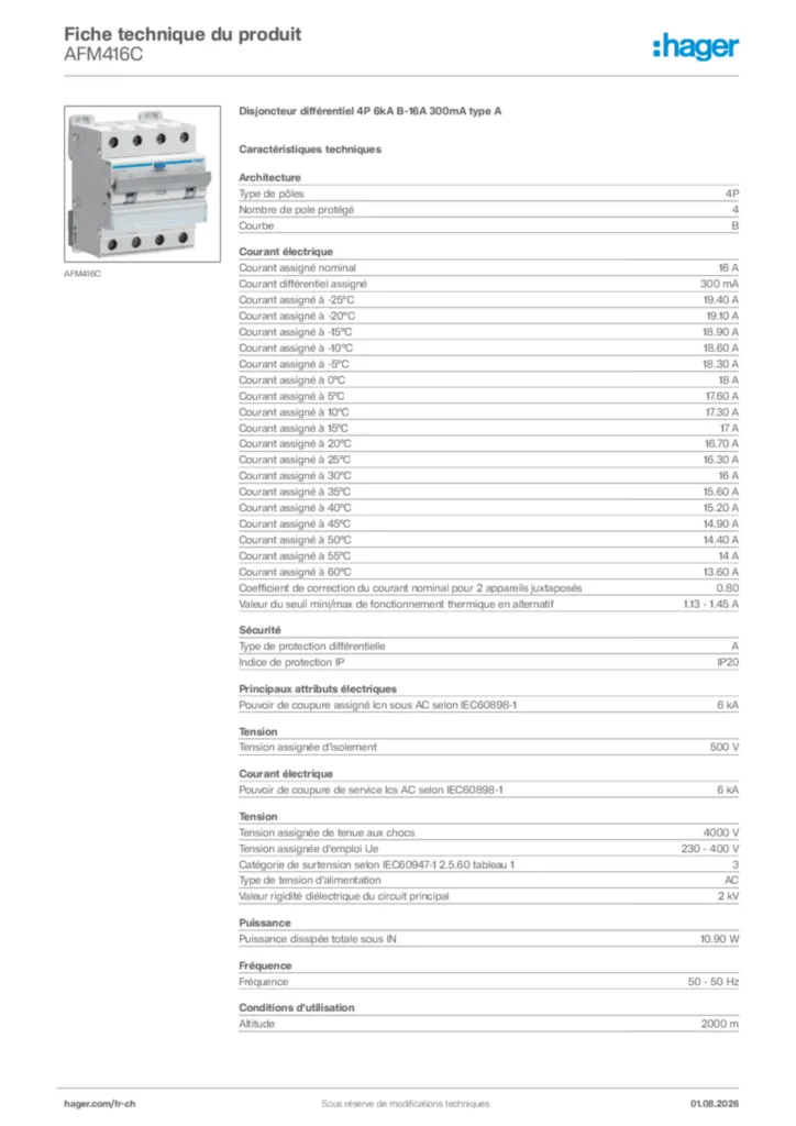 Image Hager Fiche technique du produit AFM416C | Hager Suisse