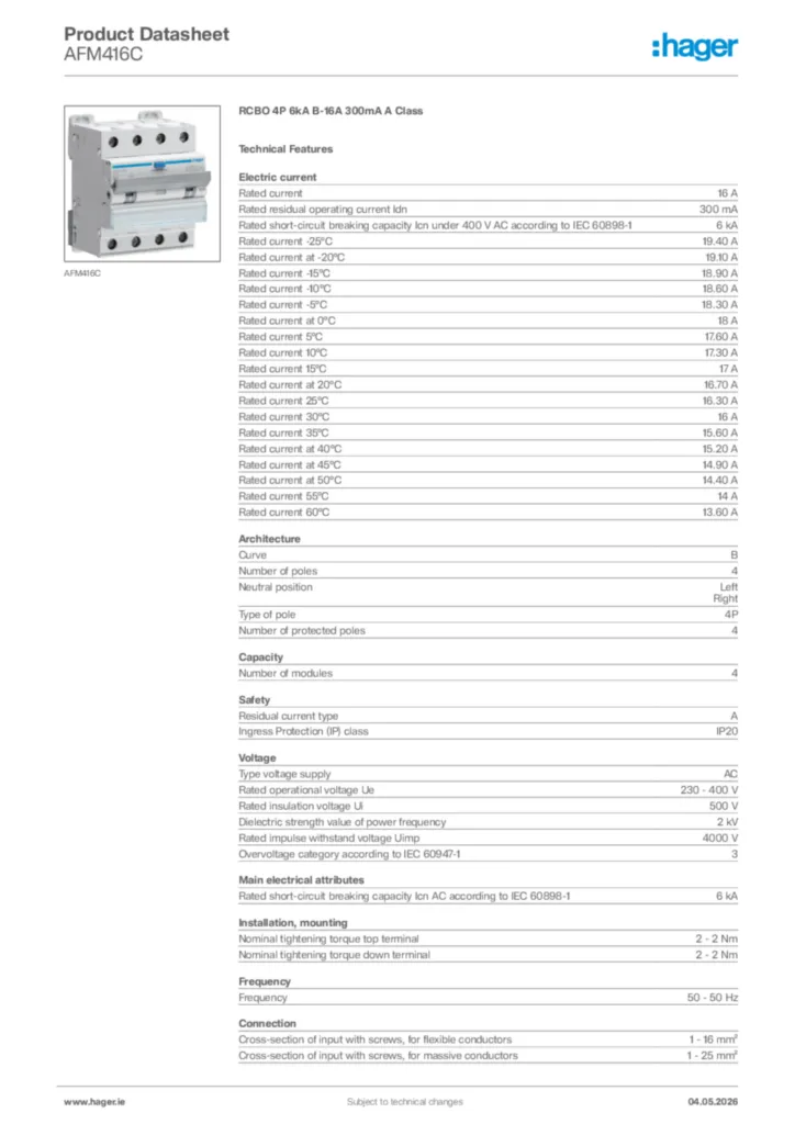 Image Hager Product data sheet AFM416C  | Hager