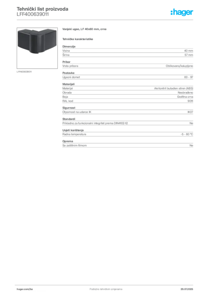 Slika Hager Product data sheet LFF400639011  | Hager