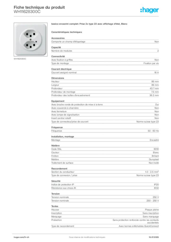 Image Hager Fiche technique du produit WH11628300C | Hager Suisse