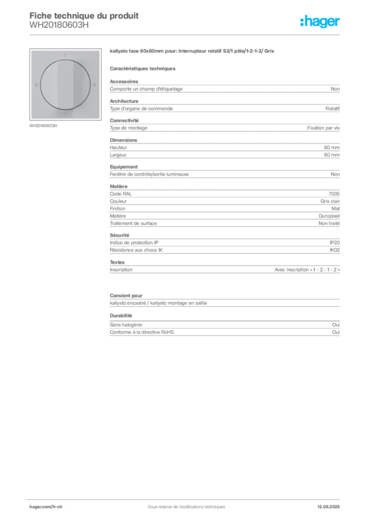 Image Hager Fiche technique du produit WH20180603H | Hager Suisse