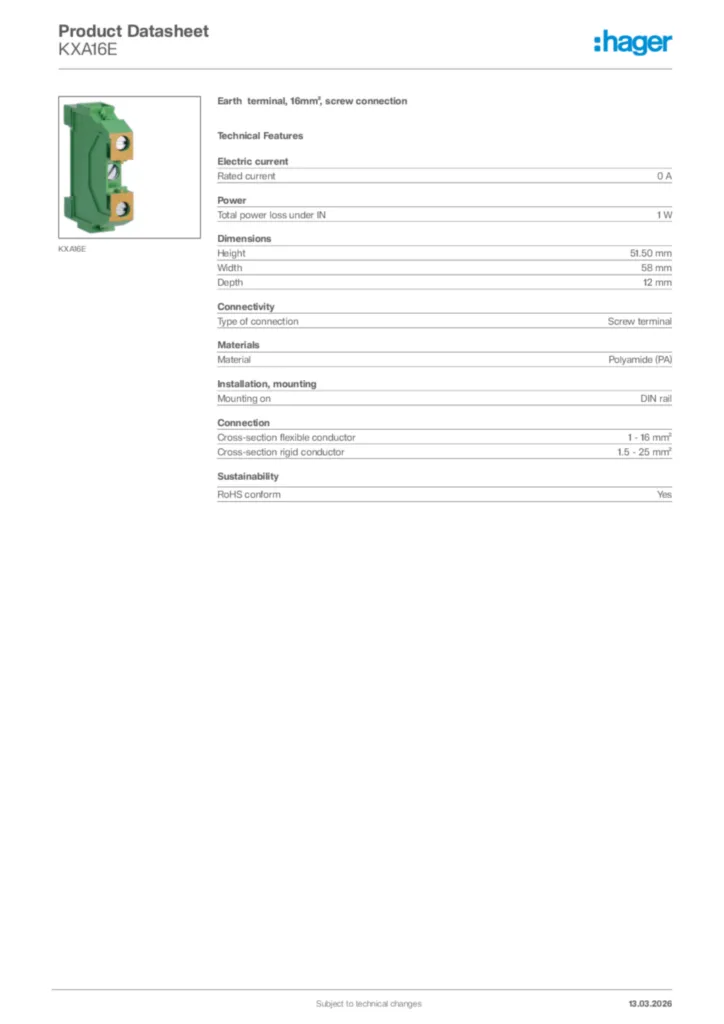 Image Hager Product data sheet KXA16E  | Hager Africa