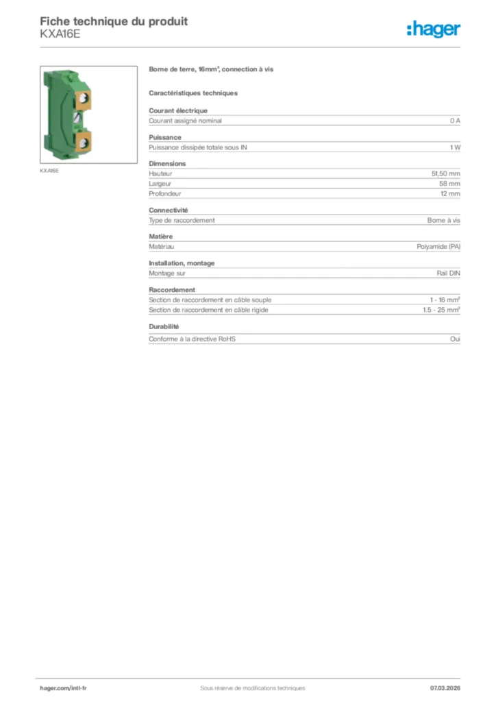 Image Hager Fiche technique du produit KXA16E | Hager Afrique